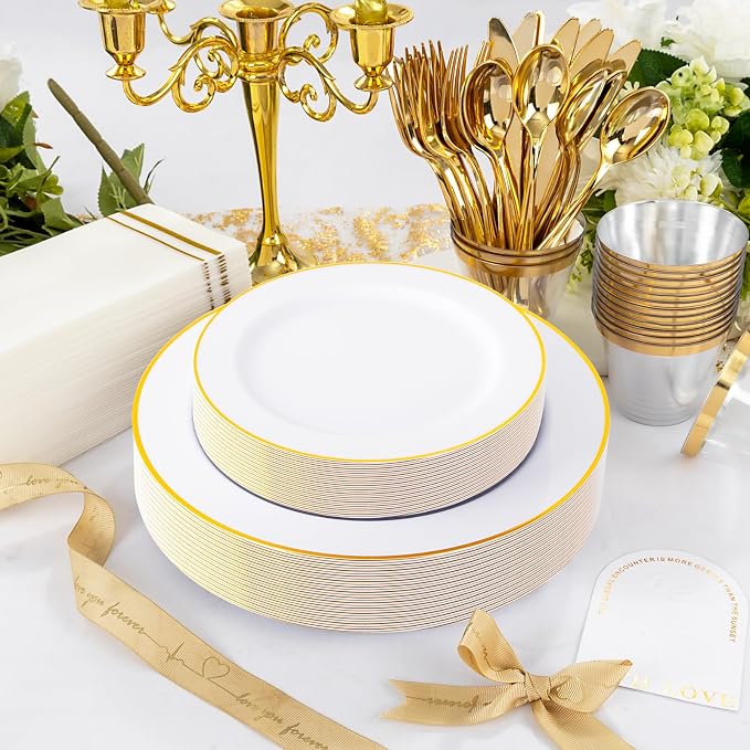 SUT 350 PCS Elegant White and Gold Disposable Dinnerware Set - Image 6