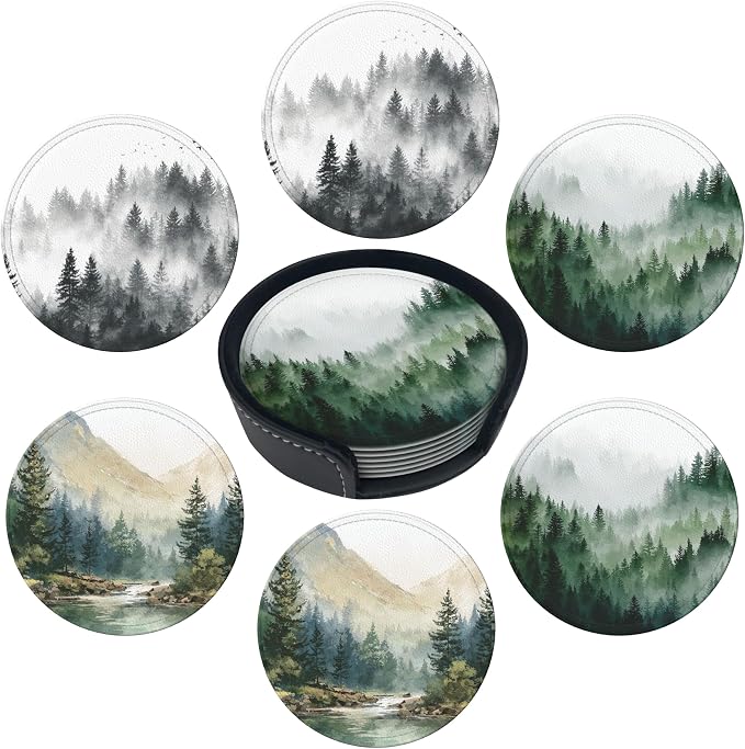 Forest Coasters Leather Round Drink Coasters 6 Pcs Set by Yopiiefa