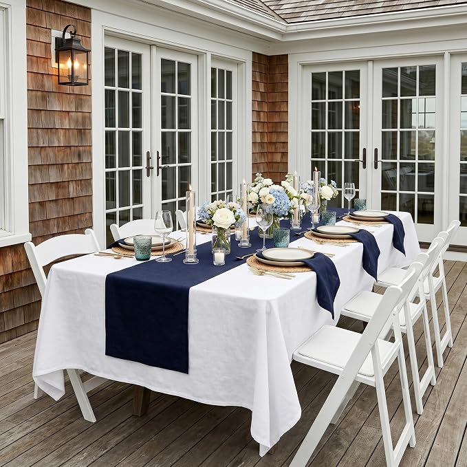 Solino Home 100% Pure Linen Dining Table Runner Navy, Fete 14 x 108 in Long | - Image 2