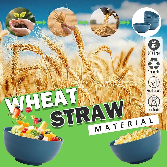 Wheat Straw Bowls Set of 6, 60 OZ Unbreakable Camping Bowls, Microwave Safe & - Image 4