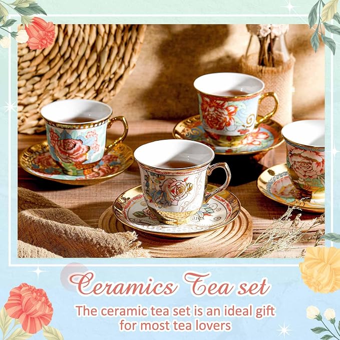 Teenyyou Set of 18 Tea Cups and Saucers Tea Party Decorations Floral Porcelain - Image 4