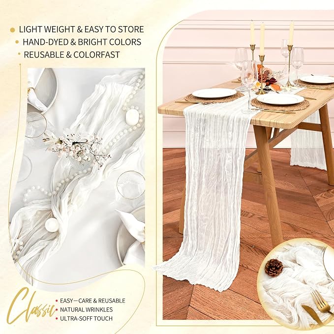 Showgeous 2 Pack Ivory White Cheesecloth Table Runners Boho Wedding Decor | - Image 5