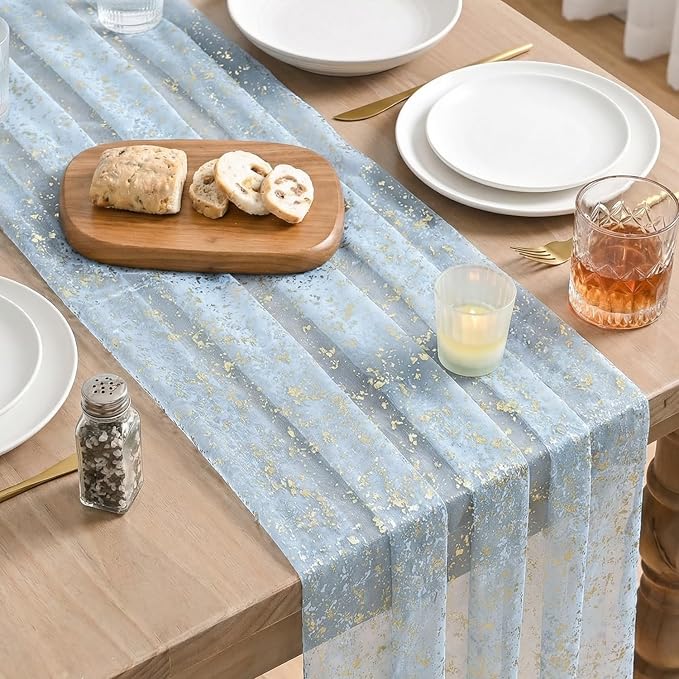 Artoid Mode 6PC Gold Gauze Light Blue Table Runner 120 Inch 10FT, Glitter - Image 4