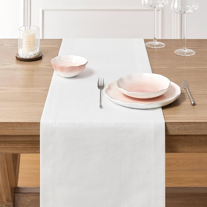 Linen Textured Border Table Runner, 14 x 48 Inch White | Mitered Corner Design - Image 3