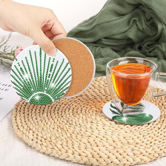 8 Pcs Boho Diamond Art Painting Coasters Holder Green Plants | Abstract Diamond - Image 4