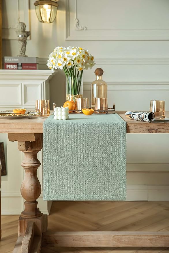 Burlap Style Farmhouse Table Runner, 14x48 Inches Seafoam | Thick Durable Fabric - Image 2