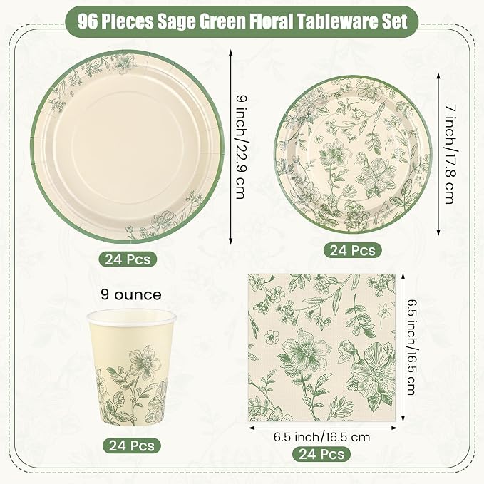 Kochorie 96 Pieces Sage Green Floral Party Supplies Elegant Floral Disposable - Image 2