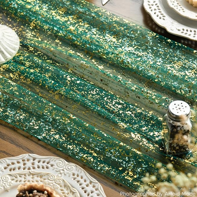 Artoid Mode Green Gold Gauze Table Runner 120 Inch 10FT, Glitter Metallic Foil - Image 6