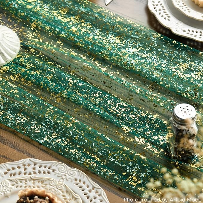 Artoid Mode Green Gold Gauze Table Runner 120 Inch 10Pcs, Glitter Metallic Foil - Image 5