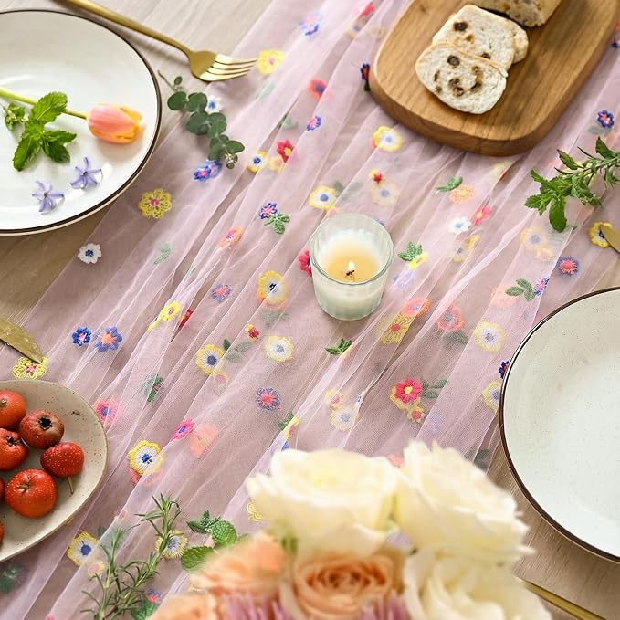 Artoid Mode 6PCS Pink Embroidery Daisy Gauze Table Runner 120 Inch 10FT | - Image 3