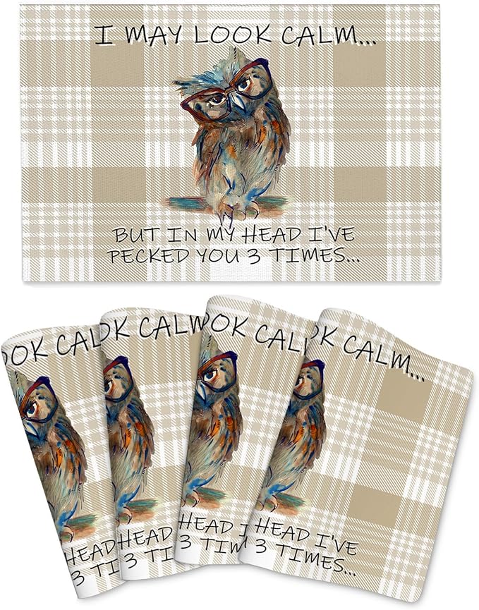 Funny Owl Placemats Set of 4, Cute Buffalo Plaid Table Mats, Heat Resistant by Unknown