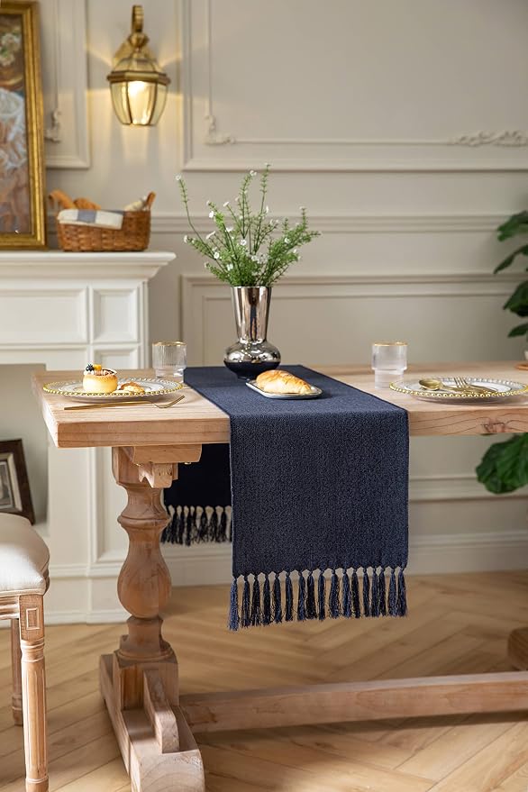 Navy Table Runners 72 Inches Long, Burlap Linen Style Rustic Farmhouse Table - Image 3
