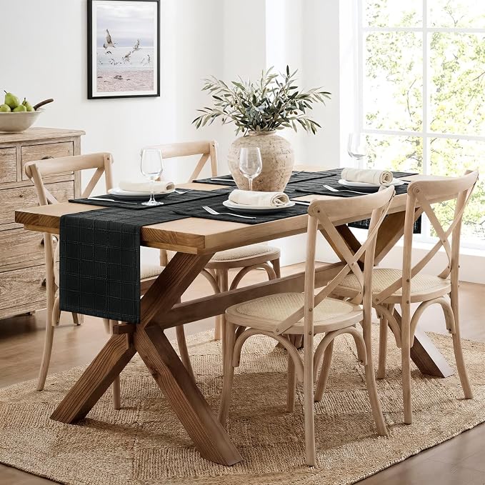 Linen Checked Farmhouse Table Runner, 13x90 Inches Black | Raised Grid Design - Image 3