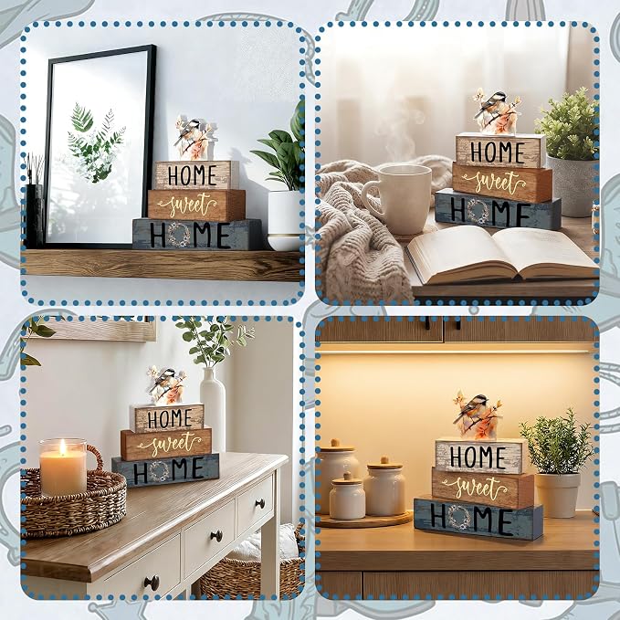 Cinnvoice 4 Pcs Spring Chickadee Wooden Block Decor Farmhouse Tiered Tray Signs - Image 4
