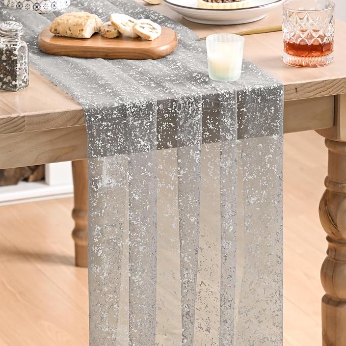 Artoid Mode Grey Gold Gauze Table Runner 120 Inch 10FT, Glitter Metallic Foil by ArtoidMode
