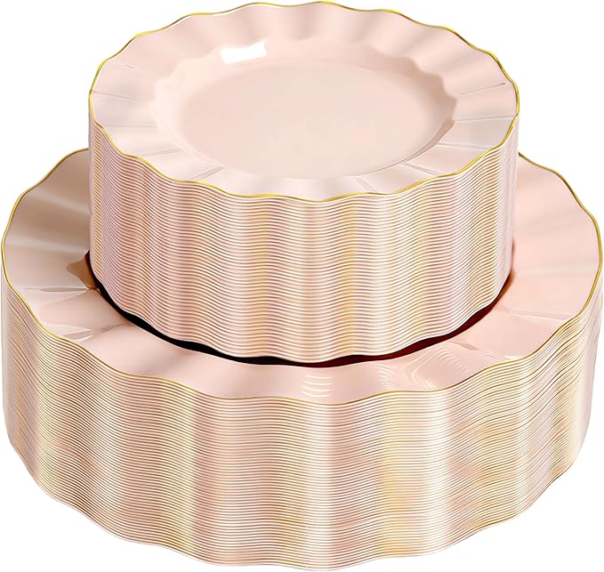 120PCS Blush Pink Plastic Plates, Wavy Plates by QualQuot