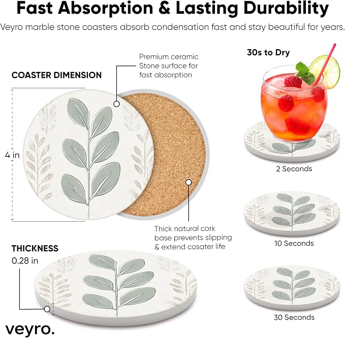 VEYRO Ceramic Coasters Set of 4 – Absorbent Stone Drink Coasters - Image 5