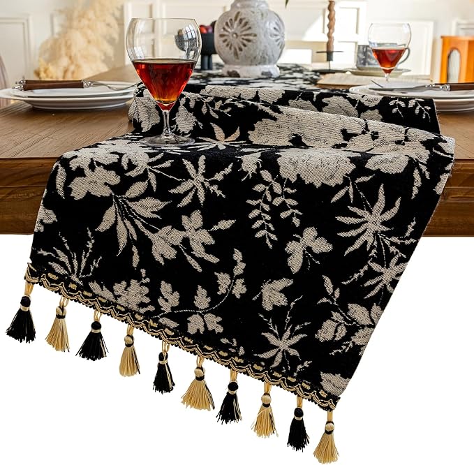 Botanical Floral Dining Black Boho Table Runner 13 x 71 Inch | Jacquard Flower by HomeyHo