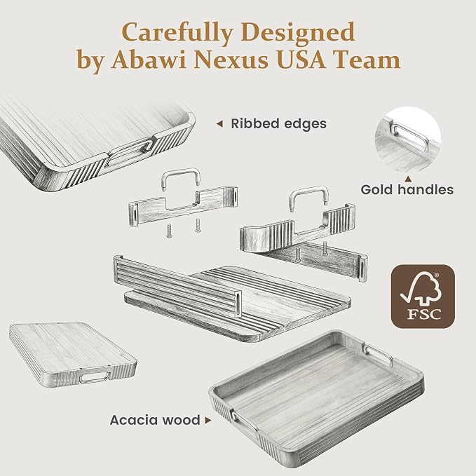 Acacia Wood Serving Tray with Metal Handles, 17x13in | Decorative coffee table - Image 5