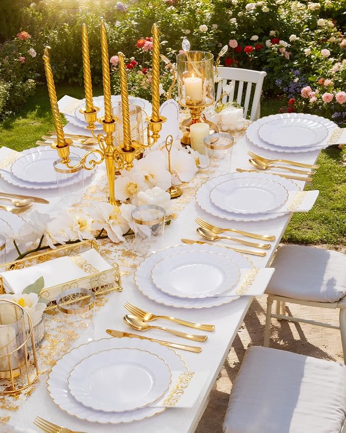 YOUBET 175PCS White and Gold Scalloped Plastic Plates - Image 4