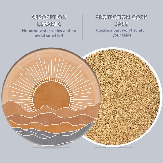 6 Pcs Coasters for Drinks with Holder, Boho Mountain Sun Absorbent Ceramic - Image 3