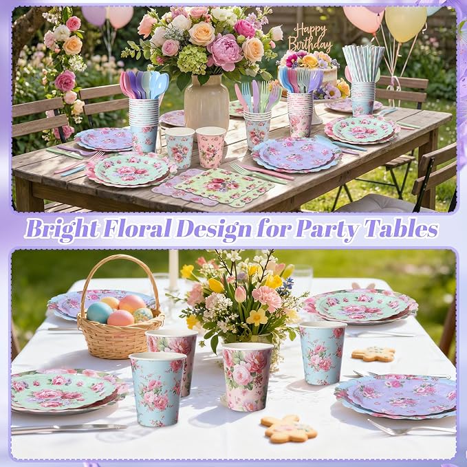 450 Pcs Vintage Floral Tableware Set Decorations, Serves 50 | Tea Party Floral - Image 5