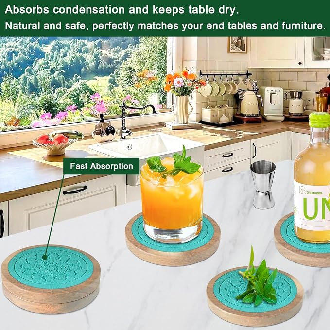 Wood Coasters for Drinks, Minacun Absorbent Coaster Sets of 5, Drinks Coasters - Image 3