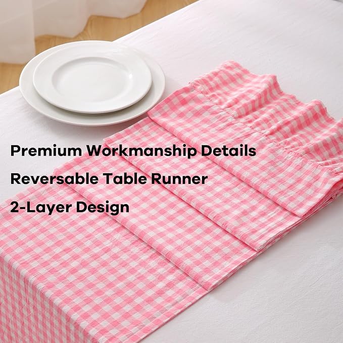 Coral Pink White Plaid Gingham Ruffle Table Runner 72 inches Long 100% Washed - Image 5