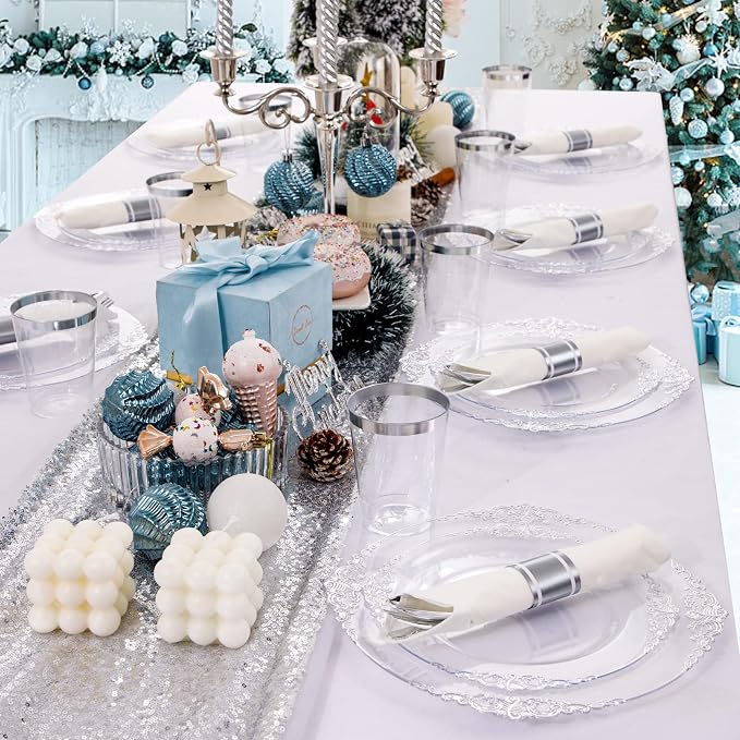 Morejoy 350PCS Clear Silver Plastic Plates - Image 7
