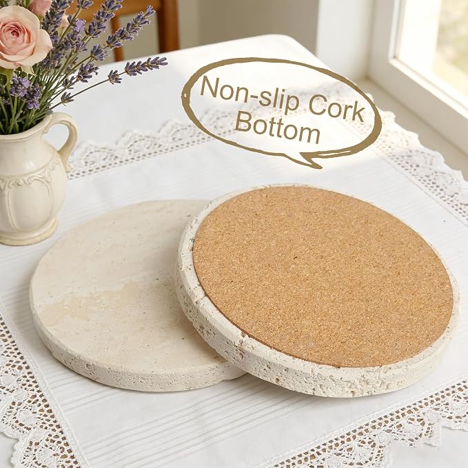 Natural Travertine Marble Coasters Set of 6-4" Round | Stone Drink Coasters - Image 4