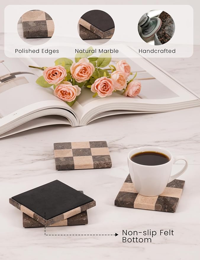 Marble Coasters Set of 4, Oceanic & Verona Handmade 4 inch Square Stone Coaster - Image 4