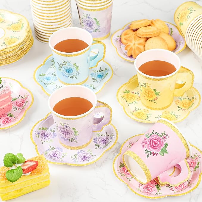 48 Sets Floral Paper Tea Cups and Saucers Disposable Tea Party Supplies - Image 4