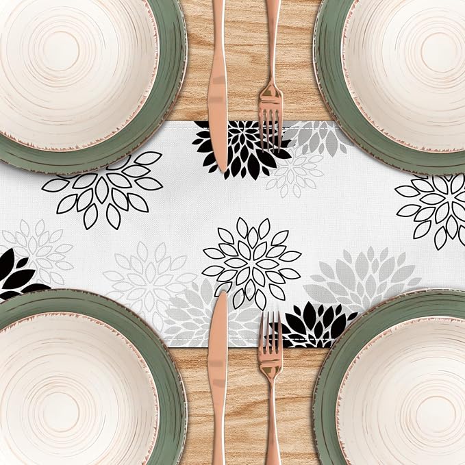 Dahlia Flower Table Runner 13x36 Inch Farmhouse Black Gray Runners Modern Table - Image 4