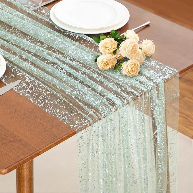 SiinvdaBZX Sage Green Sheer Tulle Table Runner 120 Inch/10 Ft Long | Gauze by SiinvdaBZX