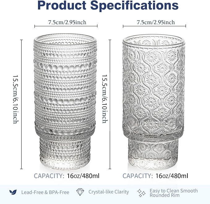 16oz Drinking Glasses Set of 4, 2 Hobnail Glasses & 2 Embossed Water Goblets - Image 2