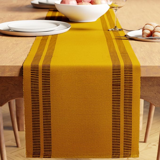 Encasa XO Table Runner, Yarn Dyed Ribbed Cotton 13"x120" | Ladder Yellow by EncasaXO