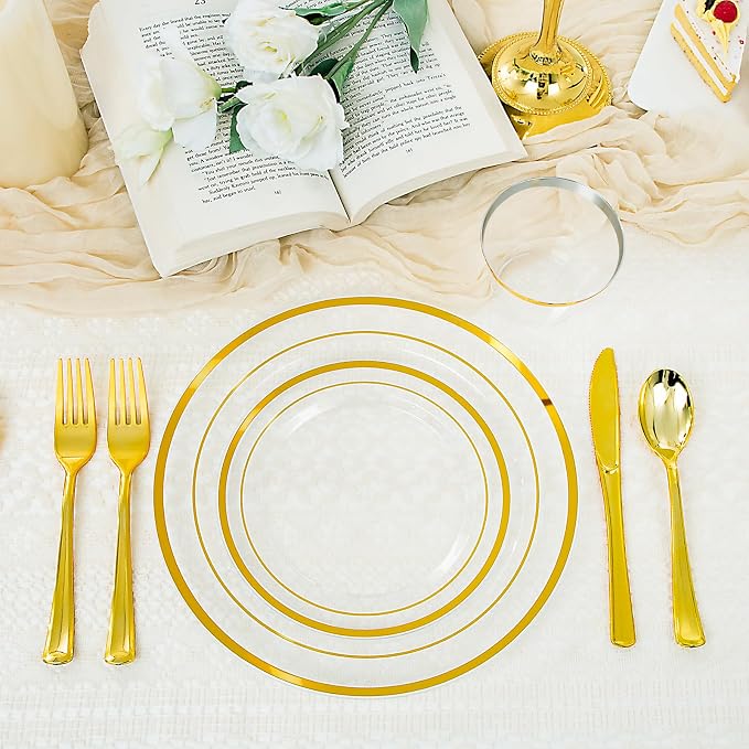 WELLIFE Clear and Gold Plastic Plates, Dinnerware Set - Image 5