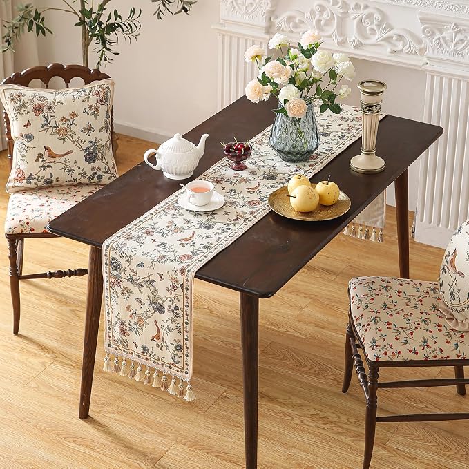 Designer French Linen Table Runner, Floral Bird Pattern, Dining Table, - Image 4