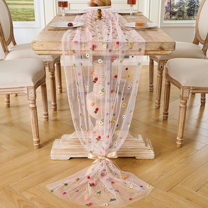 BINBE 1pcs Pink Daisy Spring Table Runner Embroidery Gauze 10FT Florals - Image 7
