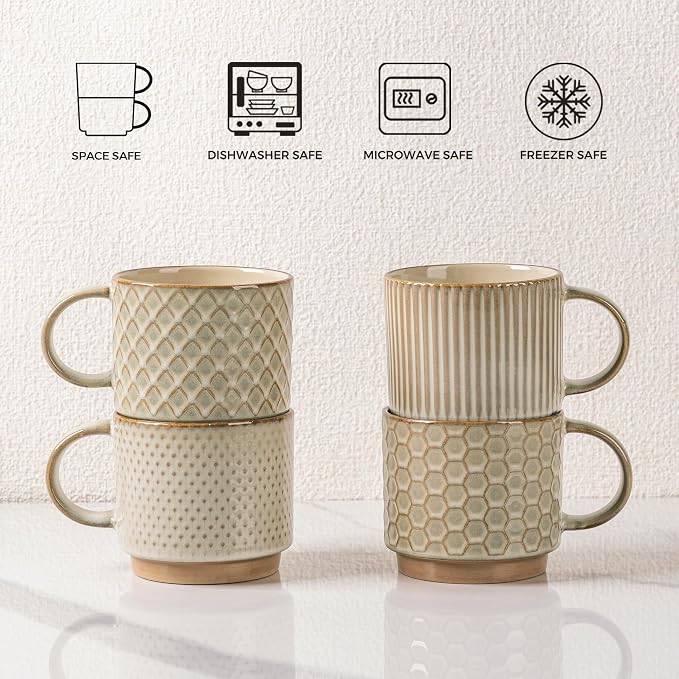 GBhome 12 OZ Stackable Coffee Mugs Set of 4, Ceramic Coffee Cups Set | 4 - Image 8