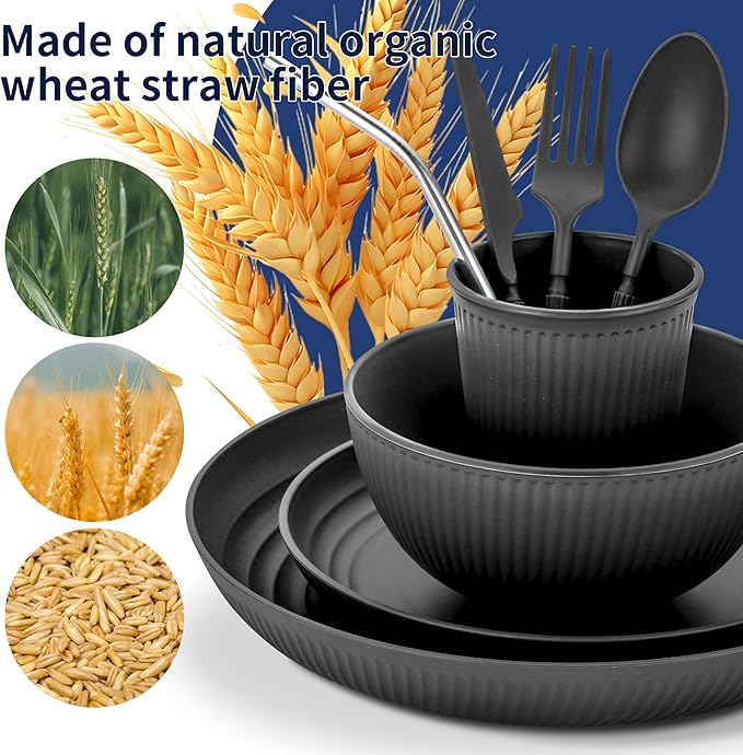 Wheat Straw Dinnerware Sets, 64-Piece Black Plates and Bowls Sets - Image 5