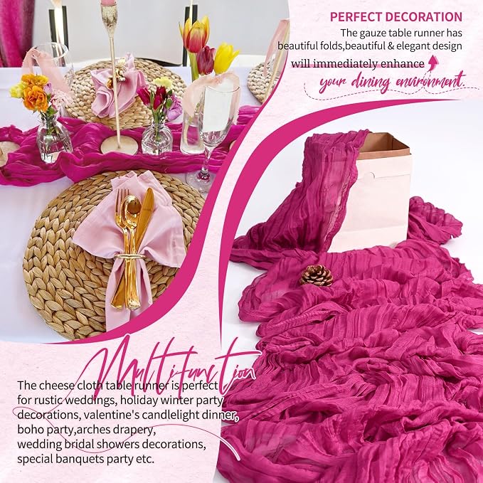 4 Pack Cheesecloth Table Runner 10FT Fuschia Table Runner Boho Gauze Cheese - Image 6