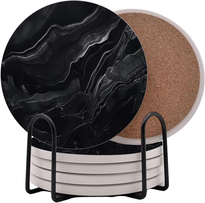 Dark Black Marble Round Coasters Set of 6 by Unknown
