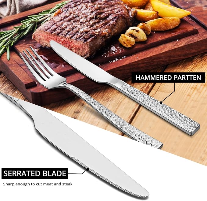 E-far Hammered Dinner Knives Set of 6, 8.9 Inch Stainless Steel Serrated Steak - Image 3
