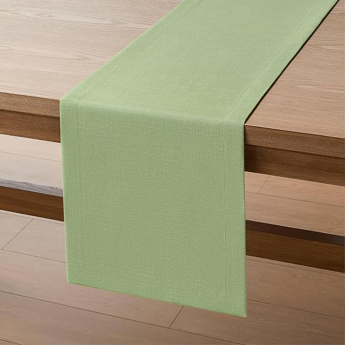 Linen Textured Border Table Runner, 14 x 72 Inch Green | Mitered Corner Design - Image 7