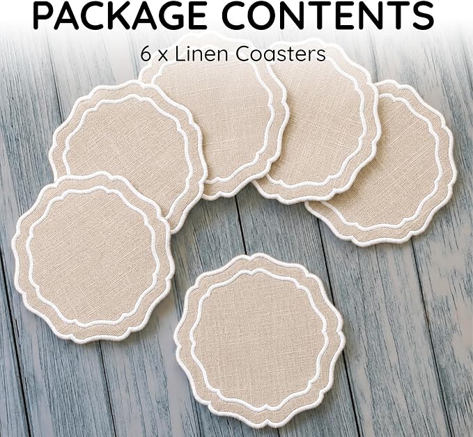 Linen Coasters for Drinks, 4.5 inch, Taupe | Absorbent Linen Drink Mats - Image 2