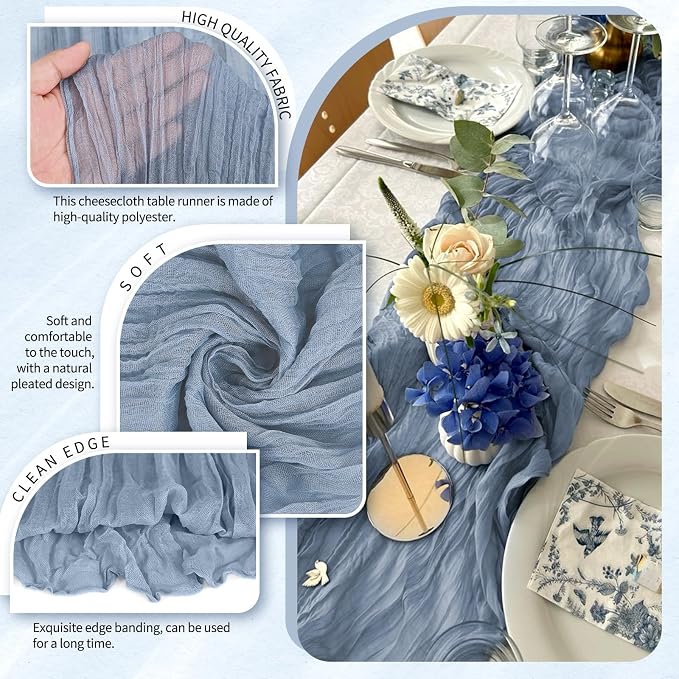 Showgeous 2 Pack Dusty Blue Cheesecloth Table Runners Boho Wedding Decor | - Image 3