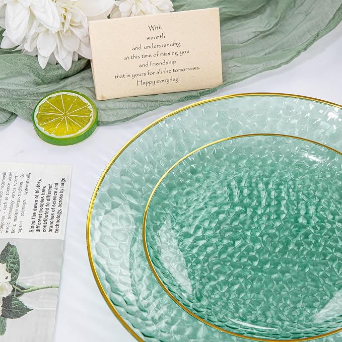Rubtlamp 175 Pcs Green Plastic Plates Dinnerware Set, Hammered Plates Sets - Image 3