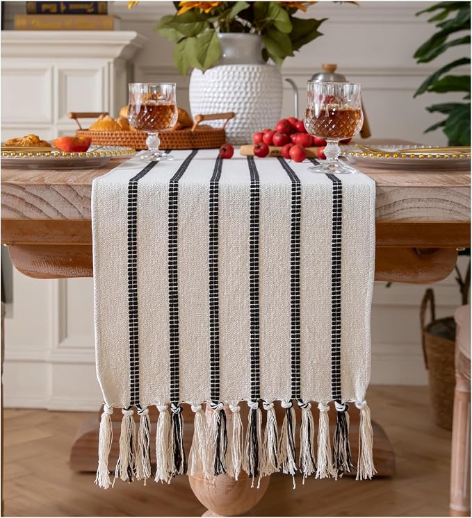 Caflife Boho Table Runner 72 Inchs Long Black and Beige, Cotton and Linen Woven by Caflife