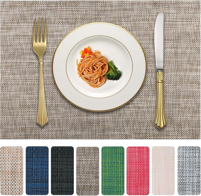 Vinyl Placemats Set of 8, PVC Woven Washable Non-Slip Table Mats, Heat by LANDVIEW